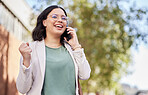 Phone call, celebration and businesswoman with good news in the city walking in the street. Technology, happy and professional female person on mobile conversation for job promotion in an urban town.