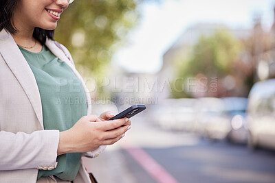 Buy stock photo Outdoor, cellphone and business woman with hands for  communication on internet in closeup. Professional female, reading and typing with technology in street for information or social media on app.