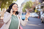 Phone call, travel or woman in the street, communication or wave with connection, talking or hailing taxi service. Female person, outdoor or girl with a smartphone, mobile app or commute with network