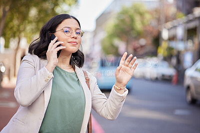 Buy stock photo Phone call, taxi and woman in the street, communication or wave with connection, talking or hailing cab service. Female person, outdoor or girl with a smartphone, mobile app or commute with network