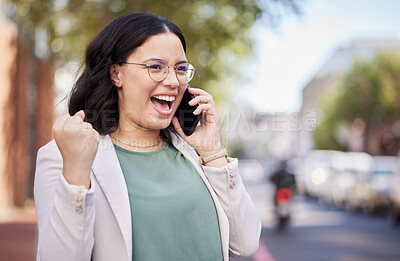 Buy stock photo Phone call, excited and businesswoman in celebration in the city while walking in the street. Success, happy and professional female person on mobile conversation for job promotion in urban town.