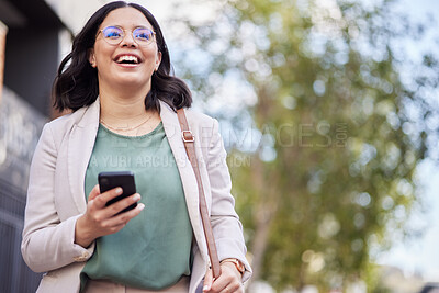 Buy stock photo Phone, city and business woman thinking of communication, outdoor networking or social media marketing. Professional person or worker with mobile for career chat, travel and walking in urban park