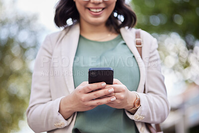 Buy stock photo Hands, cellphone and business woman in outdoor for communication on online app or internet. Technology, reading and information for professional female in closeup  on social media for networking.