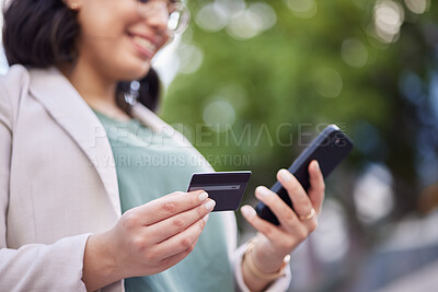 Buy stock photo City, credit card and woman hands for phone online shopping, easy payment and fintech or e commerce in park. Mobile, debit and business person with finance management, outdoor travel and banking