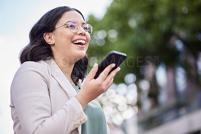 Buy stock photo Phone, voice recording and businesswoman in the city on a loudspeaker call walking in the street. Technology, happy and professional female person on mobile conversation while commuting in urban town