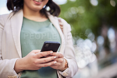 Buy stock photo Outdoor, business and hands of woman with a cellphone in for job with communication on social media. Typing, read and information on technology with professional female on online app or networking.