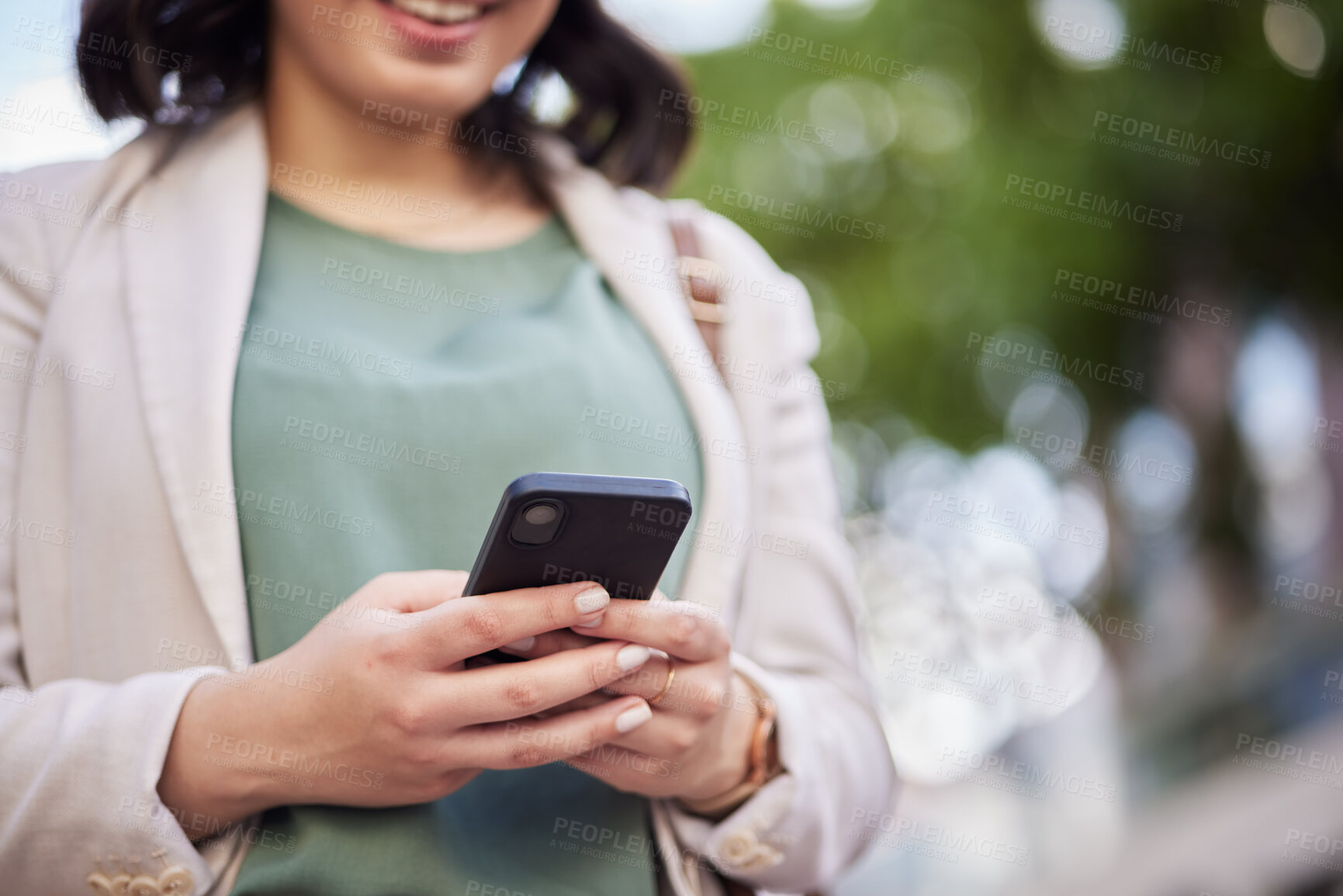 Buy stock photo Outdoor, business and hands of woman with a cellphone in for job with communication on social media. Typing, read and information on technology with professional female on online app or networking.