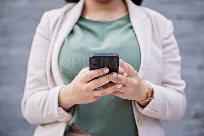 Buy stock photo Phone, outdoor and woman hands for business communication, networking and social media. Professional chat, mobile search and person or worker reading information or opportunity on wall background