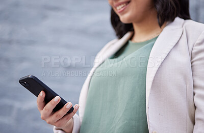 Buy stock photo Professional, woman and hand with cellphone in outdoor for work with communication on internet. Technology, typing and business female with online app with information for  employee on website.