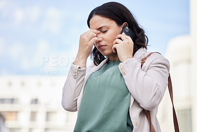Buy stock photo Headache, phone call and business woman stress in city with bad news and worry from work. Burnout, urban and female professional frustrated from job with anxiety and mobile networking in conversation