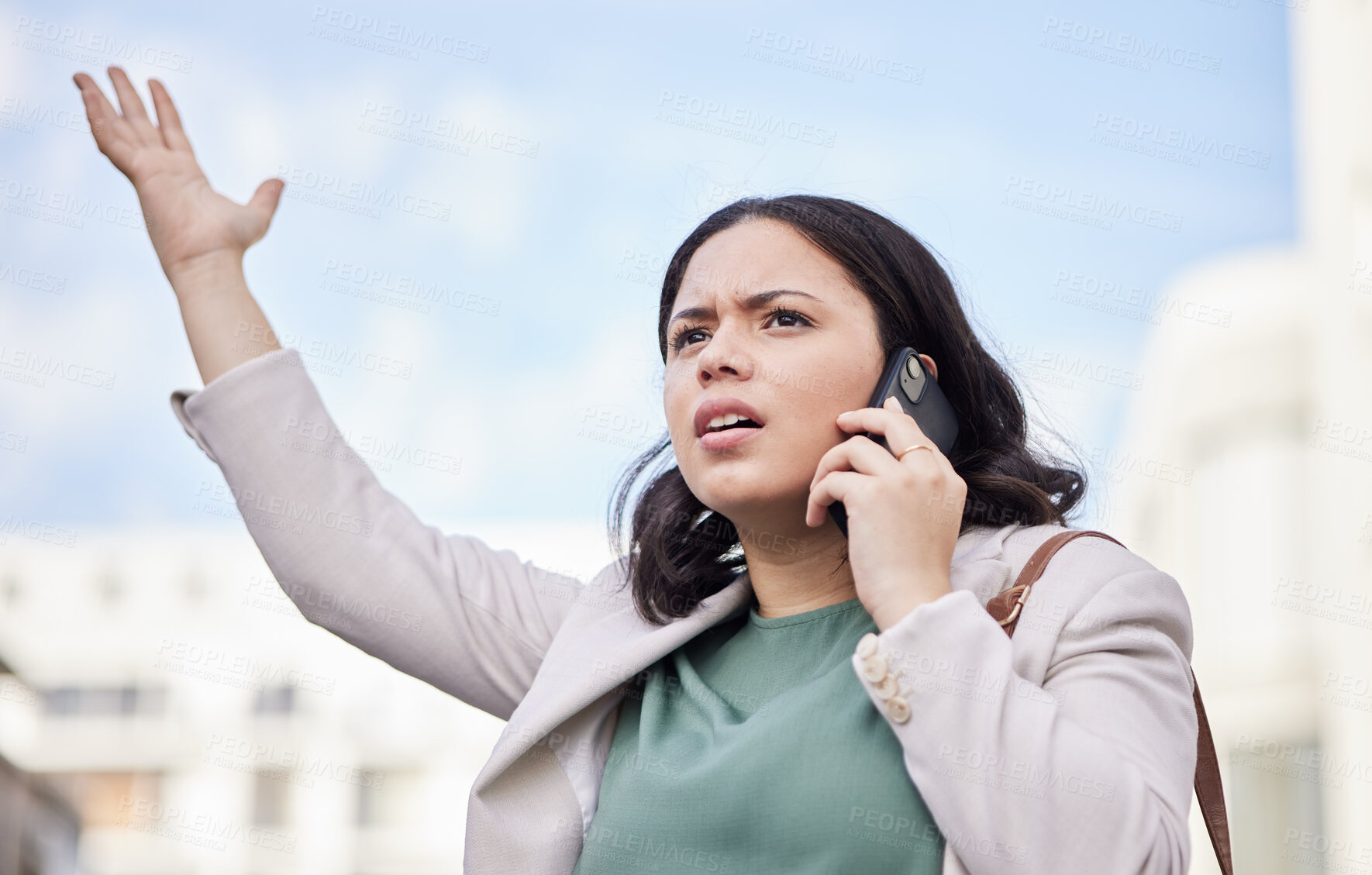 Buy stock photo Angry, phone call and business woman in city with bad news and stress from work. Burnout, urban and female professional frustrated from job fail with anxiety and mobile networking in conversation