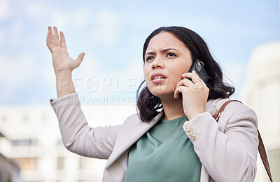 Buy stock photo Outdoor, phone call and angry business woman in city with mistake and stress from work. Burnout, urban and female professional frustrated from fail with anxiety and mobile networking in conversation