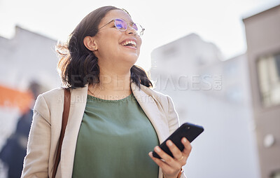 Buy stock photo Phone, walking and happy woman outdoor in a city with communication, internet connection and app. Laugh, professional person and urban road with smartphone for message, chat or social media on travel