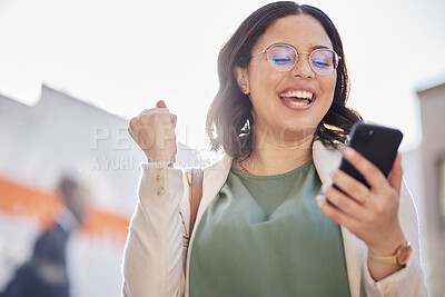 Buy stock photo Business woman, winner and phone in city of news celebration, career opportunity or bonus, profit and goals. Yes, excited and happy professional person reading mobile, online competition and success
