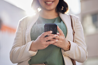 Buy stock photo Phone, hands and a woman outdoor in a city with communication, internet connection and app. Closeup of a business person, urban town and a smartphone while typing a message or chat on social media