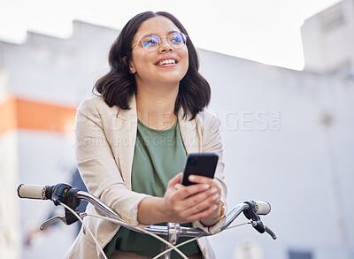 Buy stock photo Phone, bicycle and thinking with business woman in city for search, vision and communication. Mobile app, idea and networking with female employee  on bike for contact, technology and social media