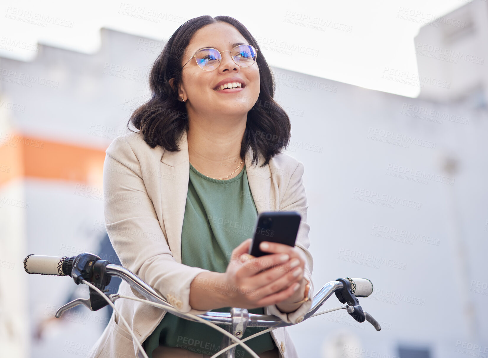 Buy stock photo Phone, bicycle and thinking with business woman in city for search, vision and communication. Mobile app, idea and networking with female employee  on bike for contact, technology and social media