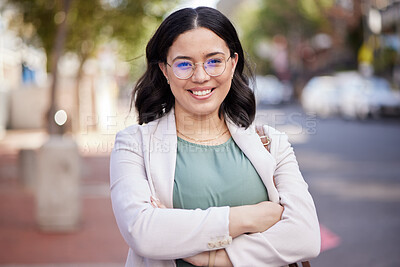 Buy stock photo Happy, arms crossed and portrait of woman in city for corporate confidence, work and career. Smile, expert and a professional young female employee in the street or road for travel to the workplace