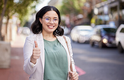 Buy stock photo Business woman, thumbs up and portrait in the city, street or professional worker with success, agreement or thank you. Hand, sign and happy worker in urban, town or walking to office building