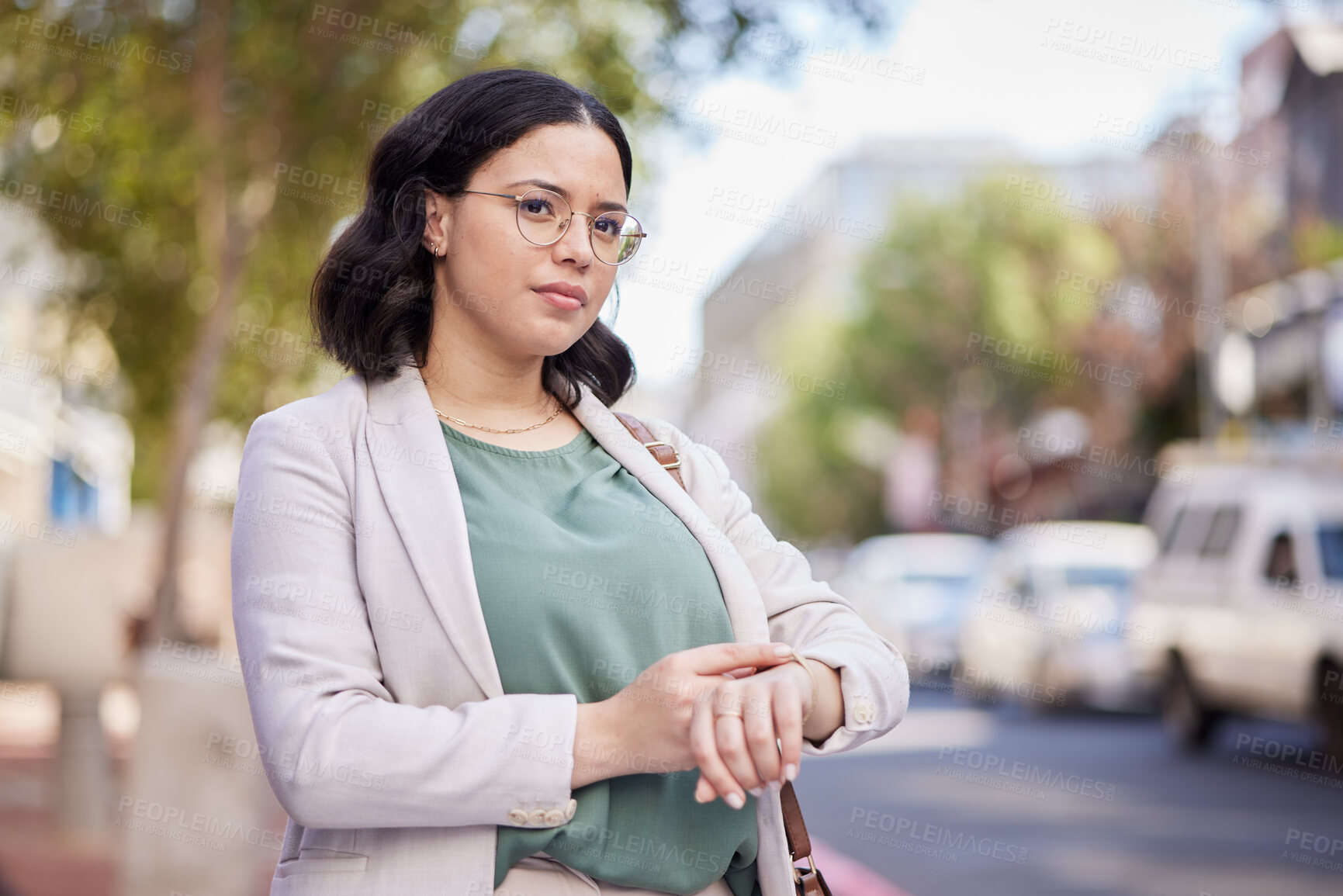 Buy stock photo Watch, time and business with woman in city, appointment or morning commute to work interview, late or street. Person, entrepreneur or worker with a schedule, outdoor or travel with anxiety on a road