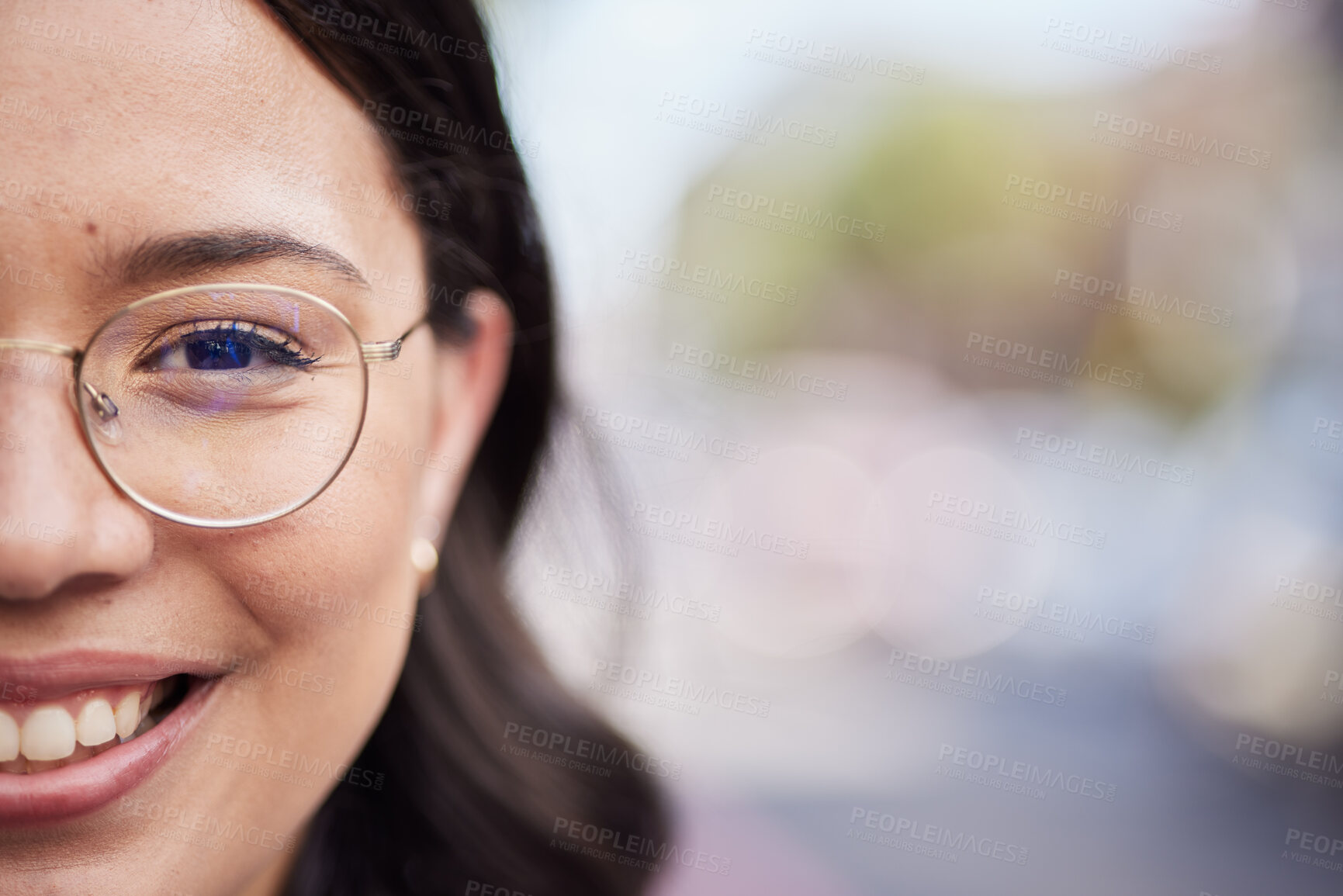 Buy stock photo Woman face, outdoor portrait and space for mock up with smile, blurred background and bokeh in street. Business person, happy and closeup with glasses, vision and healthy eyes in city, metro or road