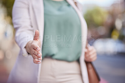 Buy stock photo Meeting, partnership and handshake of business woman in city for thank you, deal and support. Contract, introduction and shaking hands with closeup of employee for offer, welcome and agreement