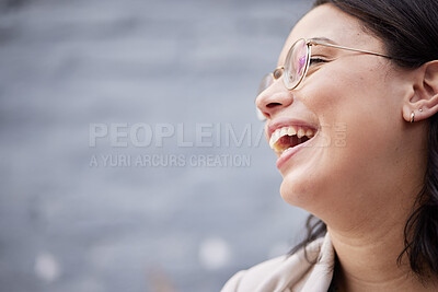 Buy stock photo Laughing, funny and face of a woman with a smile for happiness, motivation and positive mindset. Closeup, zoom and a happy female person with cosmetics, confidence or idea on blurred background space