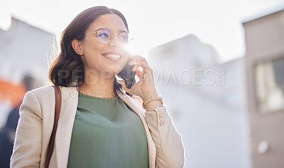 Buy stock photo Business, woman and walking with phone call in the city and contact with network connection, communication or conversation. Hello, speaking and happy person outdoor on smartphone in the morning