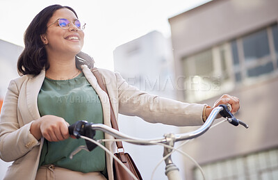 Buy stock photo Business, woman and thinking in outdoor with bicycle for travel with smile and marketer. Professional, happy and female person with bike in street for transportation in city with bag to commute.