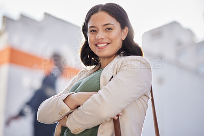 Buy stock photo Business woman, arms crossed and portrait outdoor in city with travel and smile. Urban, face and female professional with bag for career and commute to work feeling happy and proud from confidence