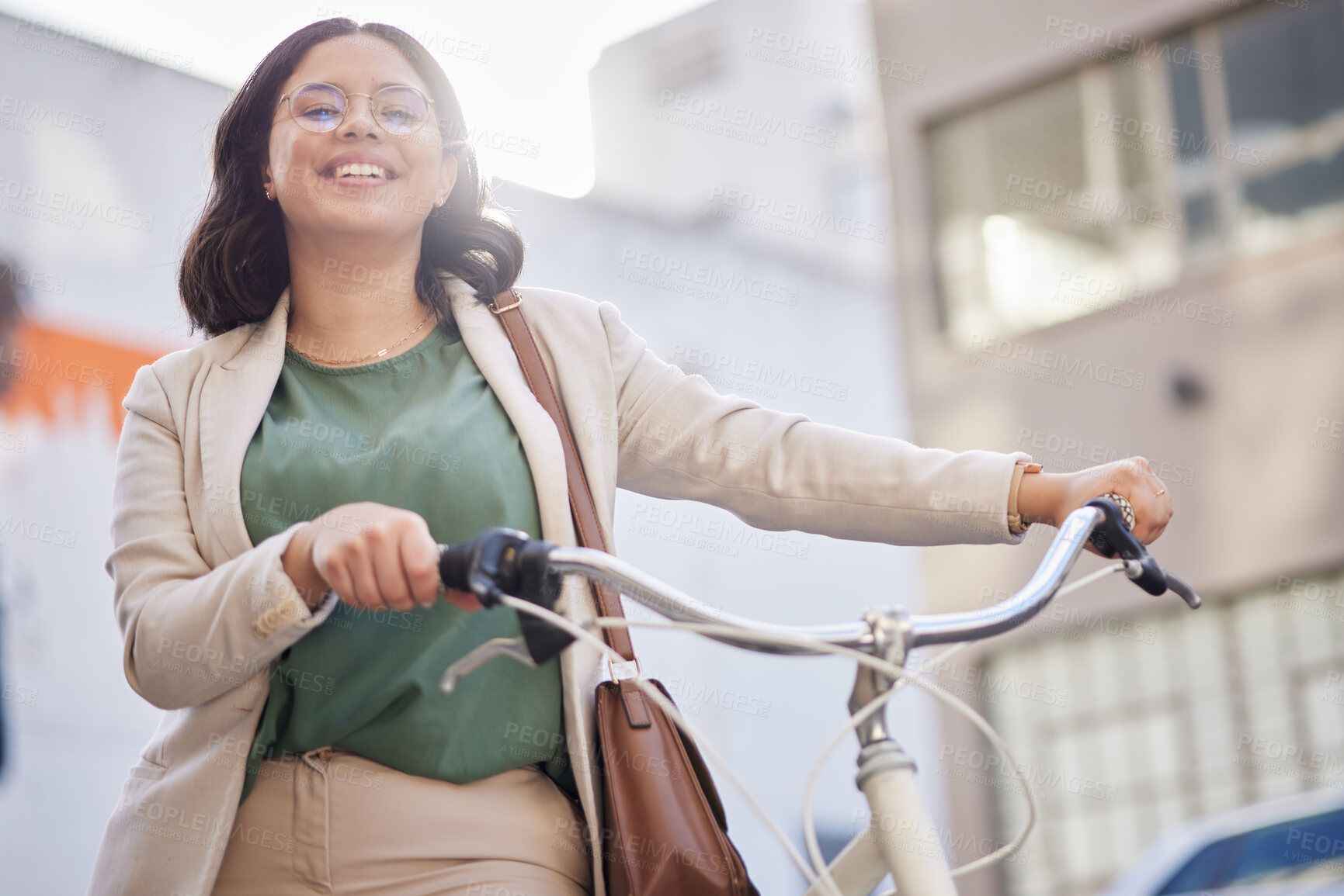 Buy stock photo Portrait, smile and business woman with bicycle in outdoor  for travel to work with marketer in city. Transportation, happy and professional female person with bike for career with cycling or bag.