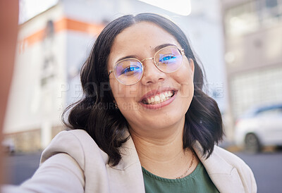 Buy stock photo Young business woman, selfie and city with smile, glasses and excited for start to finance career in street. Employee, outdoor and happy with memory, photography and profile picture for social media