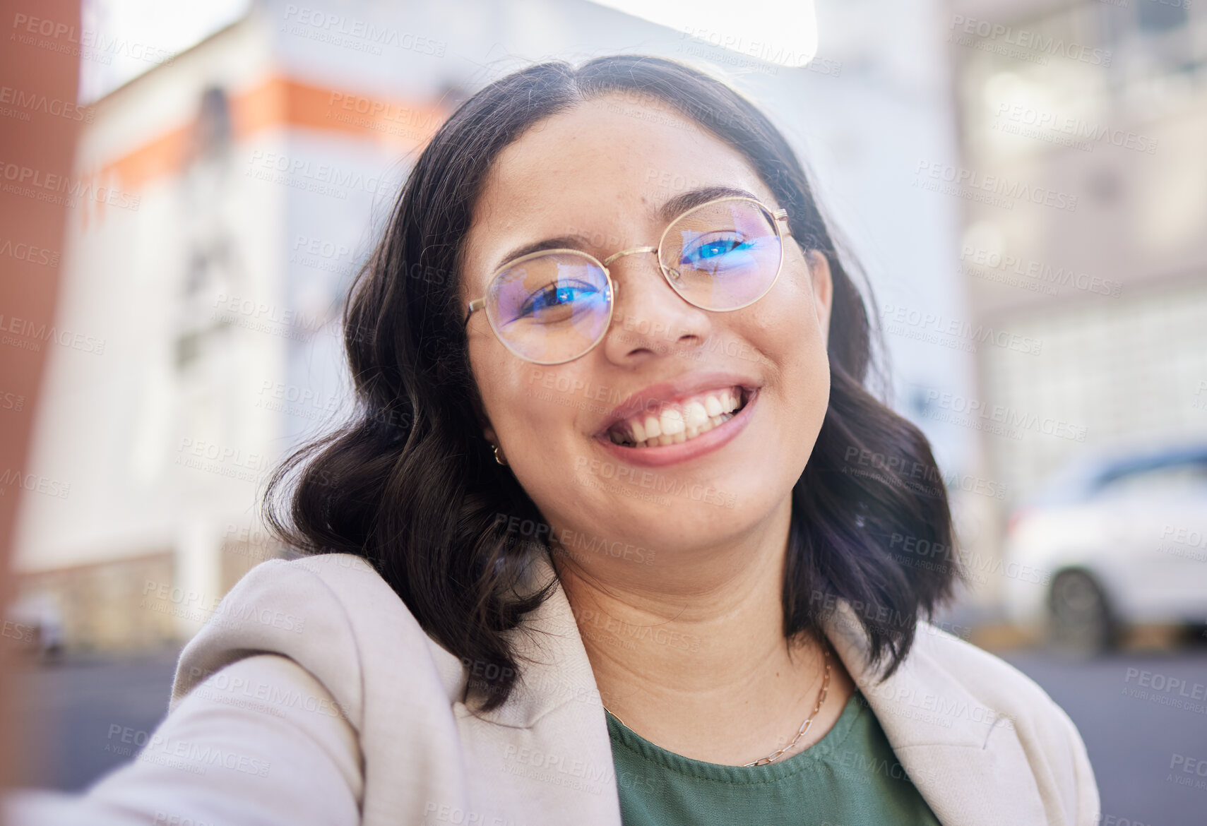 Buy stock photo Young business woman, selfie and city with smile, glasses and excited for start to finance career in street. Employee, outdoor and happy with memory, photography and profile picture for social media