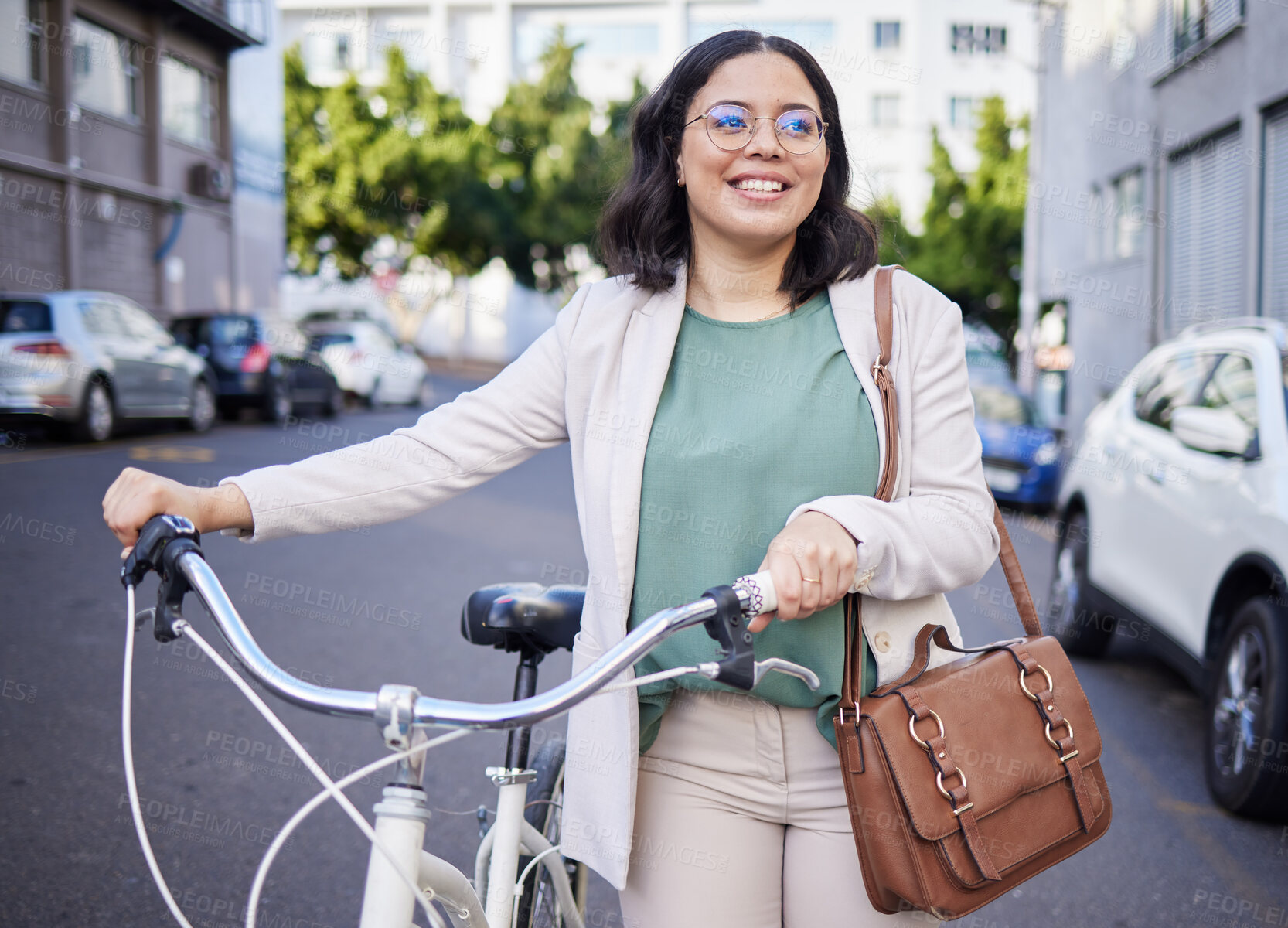 Buy stock photo Business woman, bike and thinking in street, city and sustainable travel with smile, ideas and accountability. Young entrepreneur, employee and cycling for ecology, climate change or transport in cbd