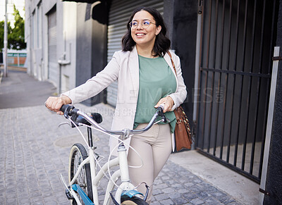 Buy stock photo Business, woman and walking with bicycle in outdoor with smile for travel to work with marketer. Happy, business and female person with transportation for cycling to commute in city with bag for job.