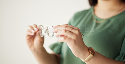 Buy stock photo Hands, glasses and vision for optometry with women for healthy sight with prescription lens. Spectacles, eye and female person holding frames for focus or care and wellness for medical insurance.