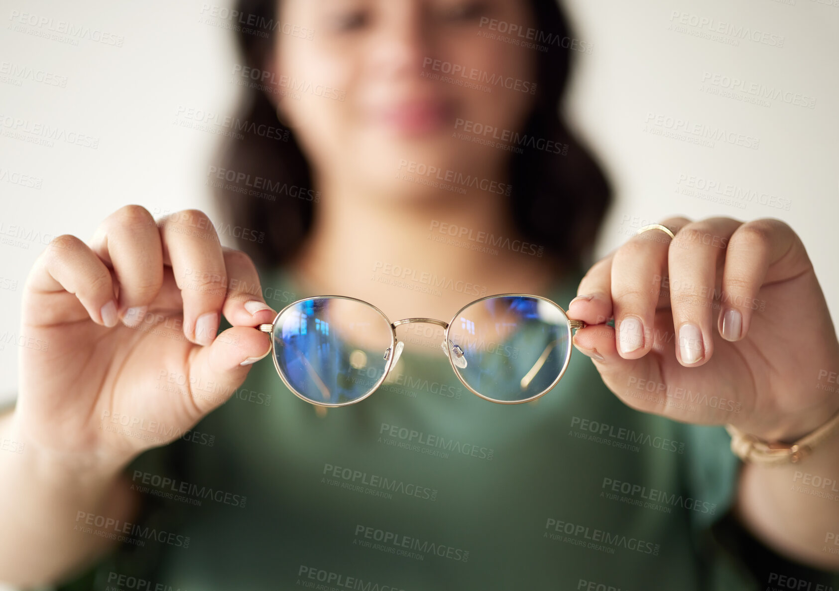 Buy stock photo Hands, woman and glasses for optometry or vision with reading for focus with prescription. Eye, care and female person holding spectacle in closeup for sight with frames for eyesight or wellness.
