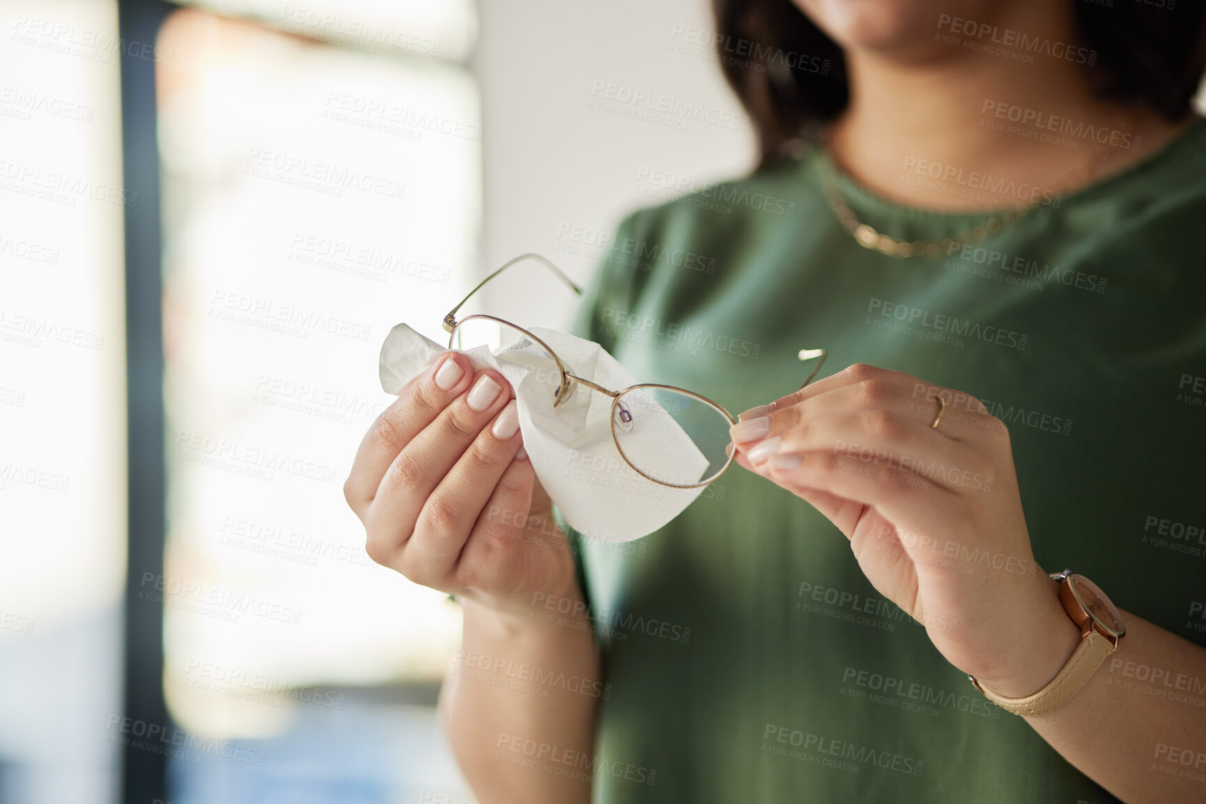 Buy stock photo Vision, hands and woman or clean with glasses for dust or vision or cloth for protection. Female person, eye and care or wipe spectacles for eyesight with tissue for dirt or maintenance for frames.