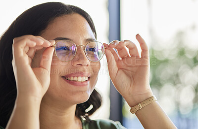 Buy stock photo Woman, glasses and thinking with eyes, optometry and health with smile, choice and fashion in store. Girl, frame and lens for wellness, vision and happy for eyesight, decision and customer experience
