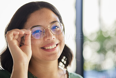 Buy stock photo Woman, glasses and portrait with eyes, optometry and health with smile, choice and fashion in store. Girl, frame and lens for wellness, vision and shop for eyesight, decision and customer experience