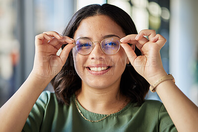 Buy stock photo Woman, glasses and portrait with smile, optometry and health with eyes, choice and fashion in store. Girl, frame and lens for wellness, vision and shop for eyesight, decision and customer experience