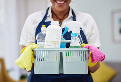 Buy stock photo Cleaning, chemical and basket with hands of woman in living room for hygiene, dust and bacteria. Spray, tools and equipment with closeup of female cleaner at home for housekeeping, health and product