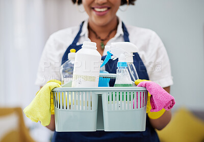 Buy stock photo Cleaning, tools and basket with hands of woman in living room for hygiene, dust and bacteria. Spray, chemical and equipment with closeup of female cleaner at home for housekeeping, health and product