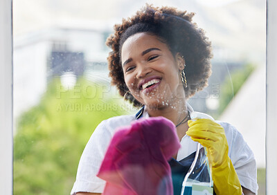 Buy stock photo Black woman, cleaning spray and bottle on windows with cloth for hygiene of bacteria, dust and germs. Happy cleaner, housekeeping and chemical liquid for dirt, glass surface and hospitality services