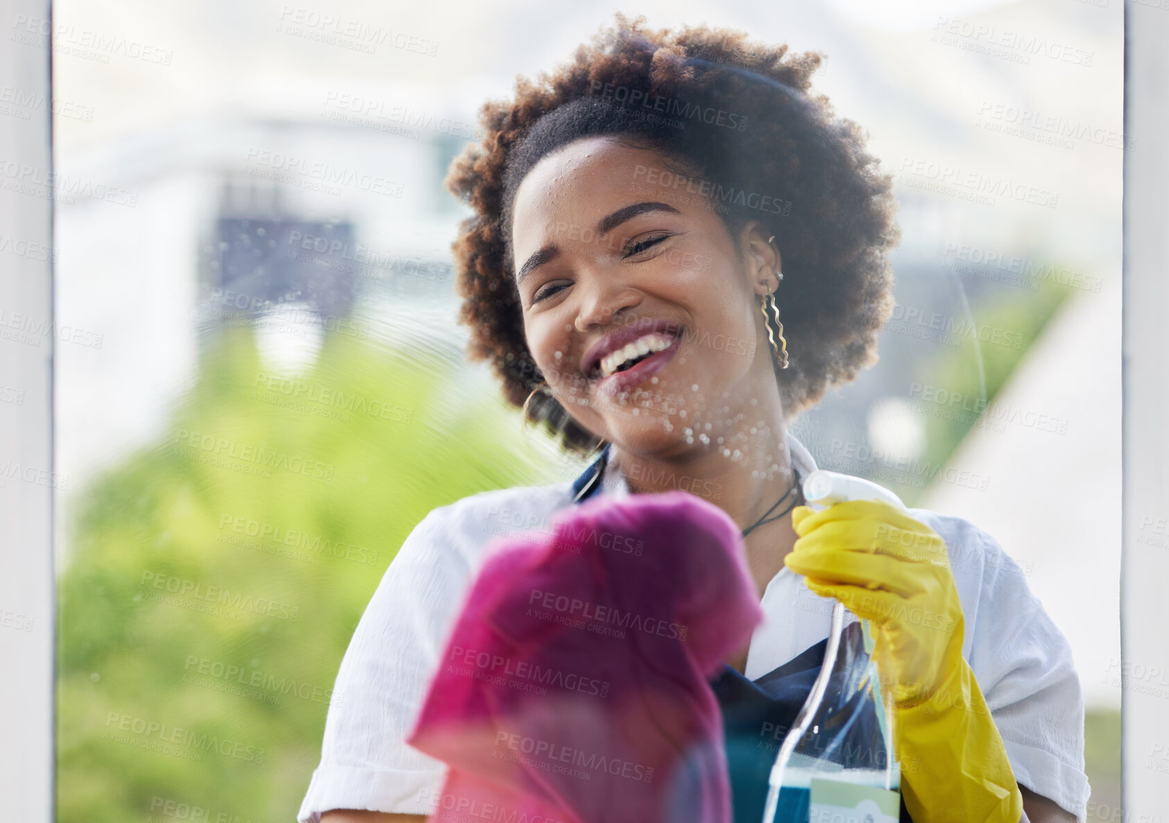 Buy stock photo Black woman, cleaning spray and bottle on windows with cloth for hygiene of bacteria, dust and germs. Happy cleaner, housekeeping and chemical liquid for dirt, glass surface and hospitality services