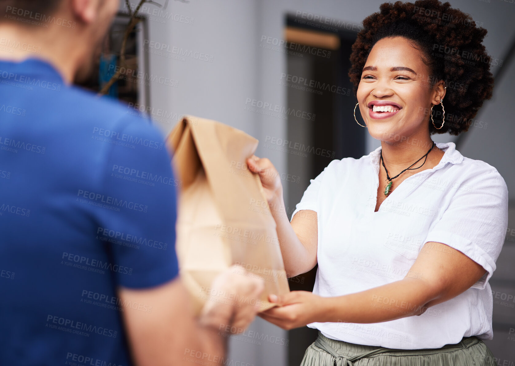 Buy stock photo Package, delivery man and a woman at door with a smile and paper bag for e commerce and shipping. Logistics, online shopping and freight or courier worker giving a happy customer a fast food order