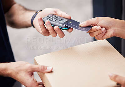 Buy stock photo Hands, pizza and credit card for payment, delivery and fast food service on fintech, pos and courier in street. People, tap and transaction with package for lunch, box and shipping and supply chain