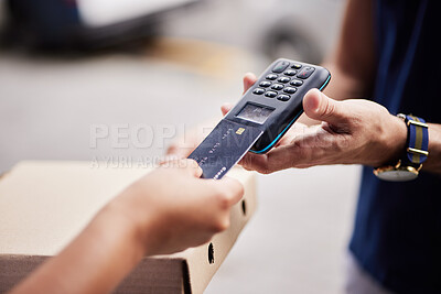 Buy stock photo Hands, pizza and credit card for payment, machine and fast food service on fintech, pos and courier in street. People, tap and transaction with package for lunch, box and supply chain for eating