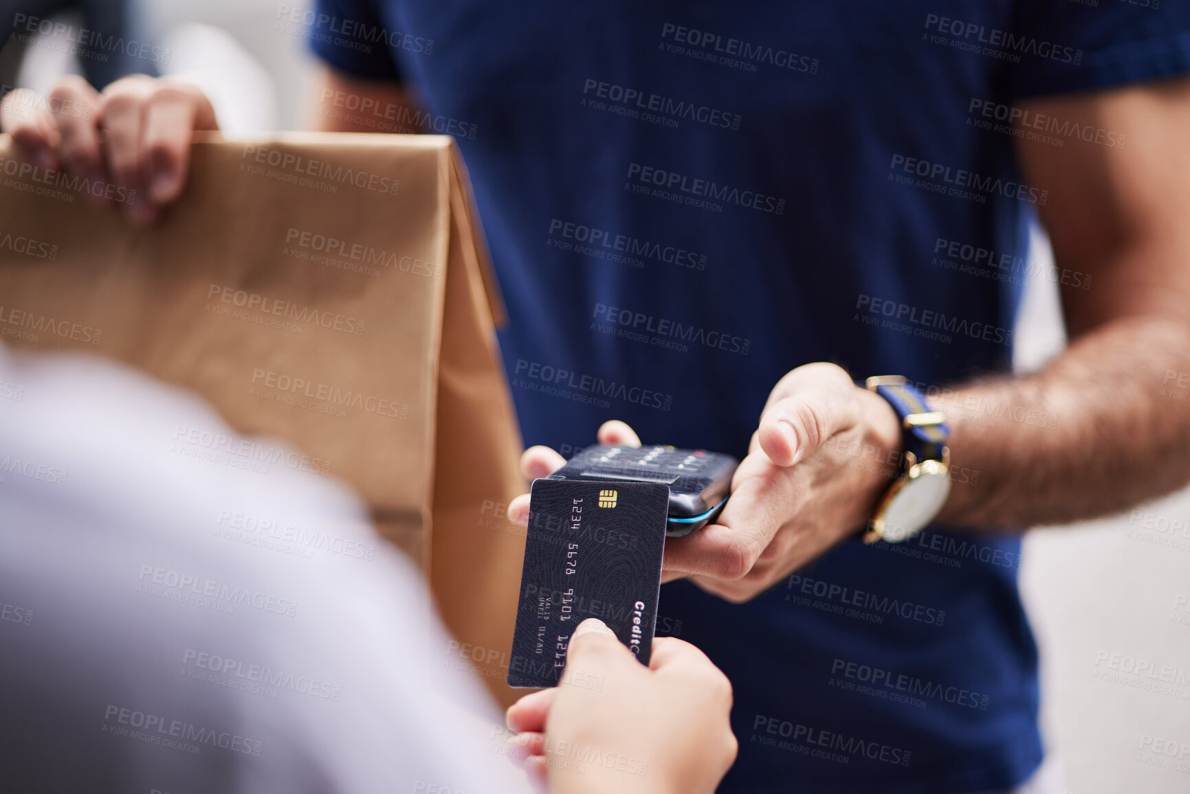 Buy stock photo Hands, paper bag and delivery with credit card, payment and fintech for remote customer experience. Man, woman and package for lunch, e commerce and fast food shipping with supply chain employee