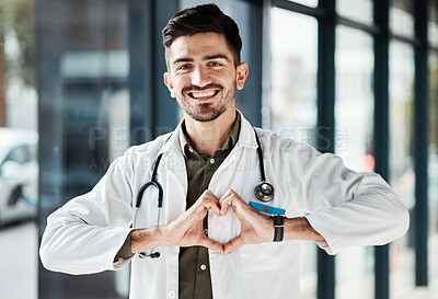 Happy portrait man, doctor and heart hands for healthcare love, medical service trust and hospital support. Cardiology, emoji health icon and male surgeon for wellness, clinic help or life insurance